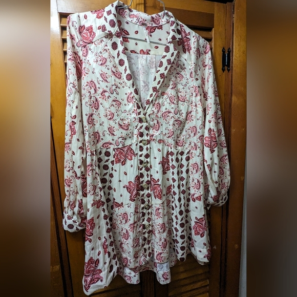Free People Cream Red Sylvie Mini Dress Long Sleeve Paisley Print S - Picture 2 of 13